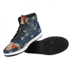 Grunge Ripped Paper American Flag Print High Top Leather Sneakers