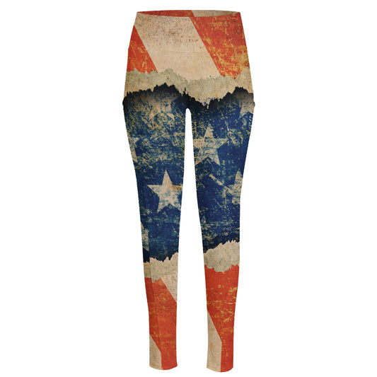 Grunge Ripped Paper American Flag Print High-Waisted Pocket Leggings