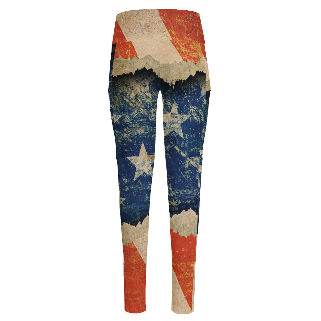 Grunge Ripped Paper American Flag Print High-Waisted Pocket Leggings