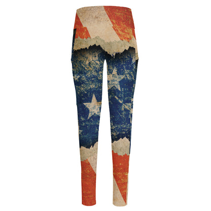 Grunge Ripped Paper American Flag Print High-Waisted Pocket Leggings