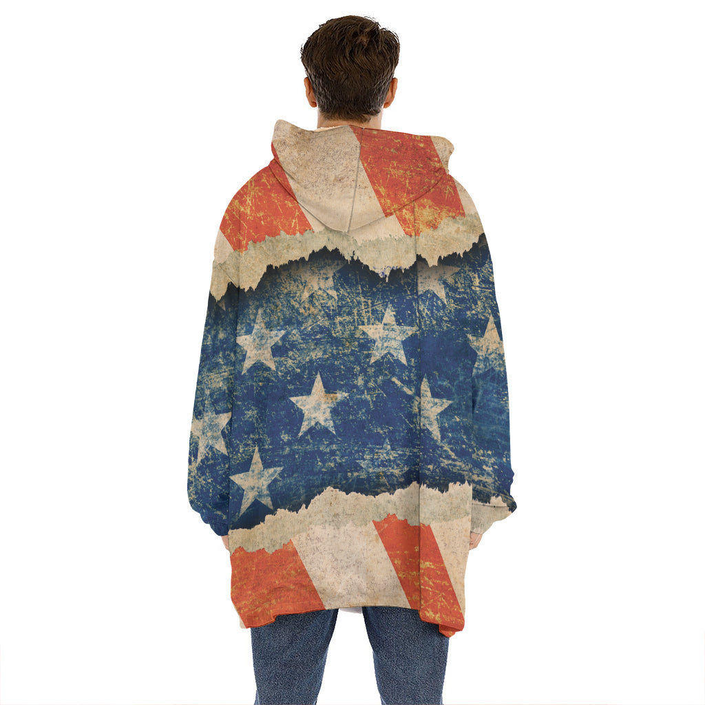 Grunge Ripped Paper American Flag Print Hoodie Blanket