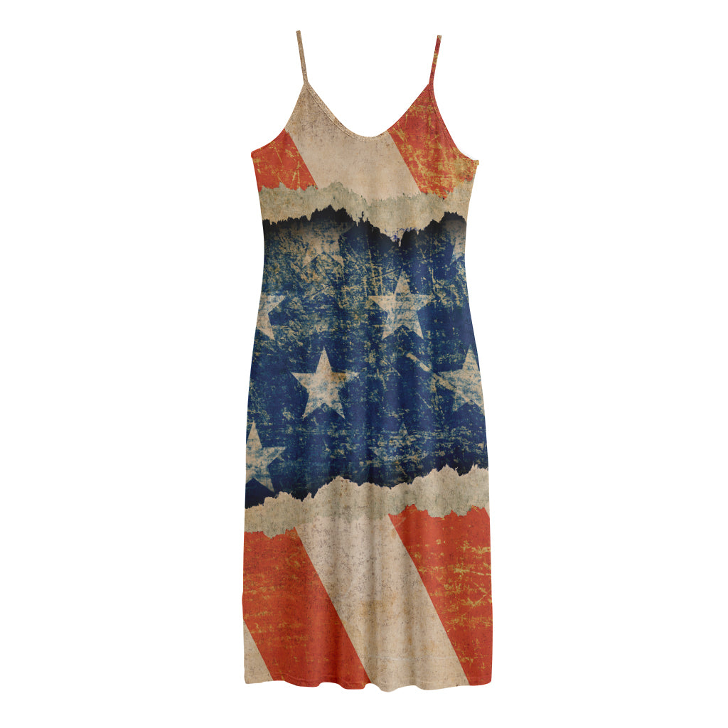 Grunge Ripped Paper American Flag Print Jersey Midi Cami Dress
