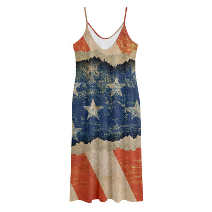 Grunge Ripped Paper American Flag Print Jersey Midi Cami Dress