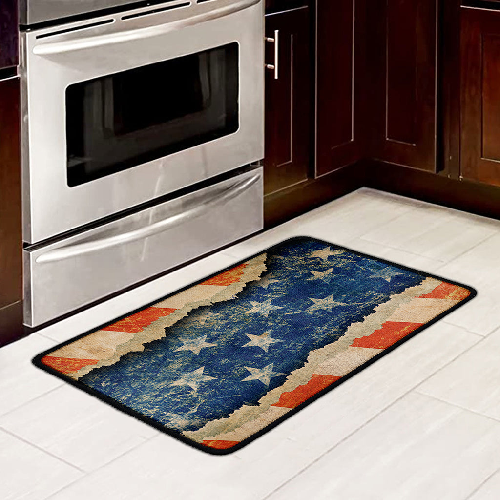 Grunge Ripped Paper American Flag Print Kitchen Mat