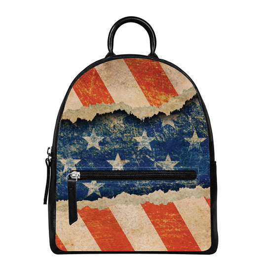 Grunge Ripped Paper American Flag Print Leather Backpack