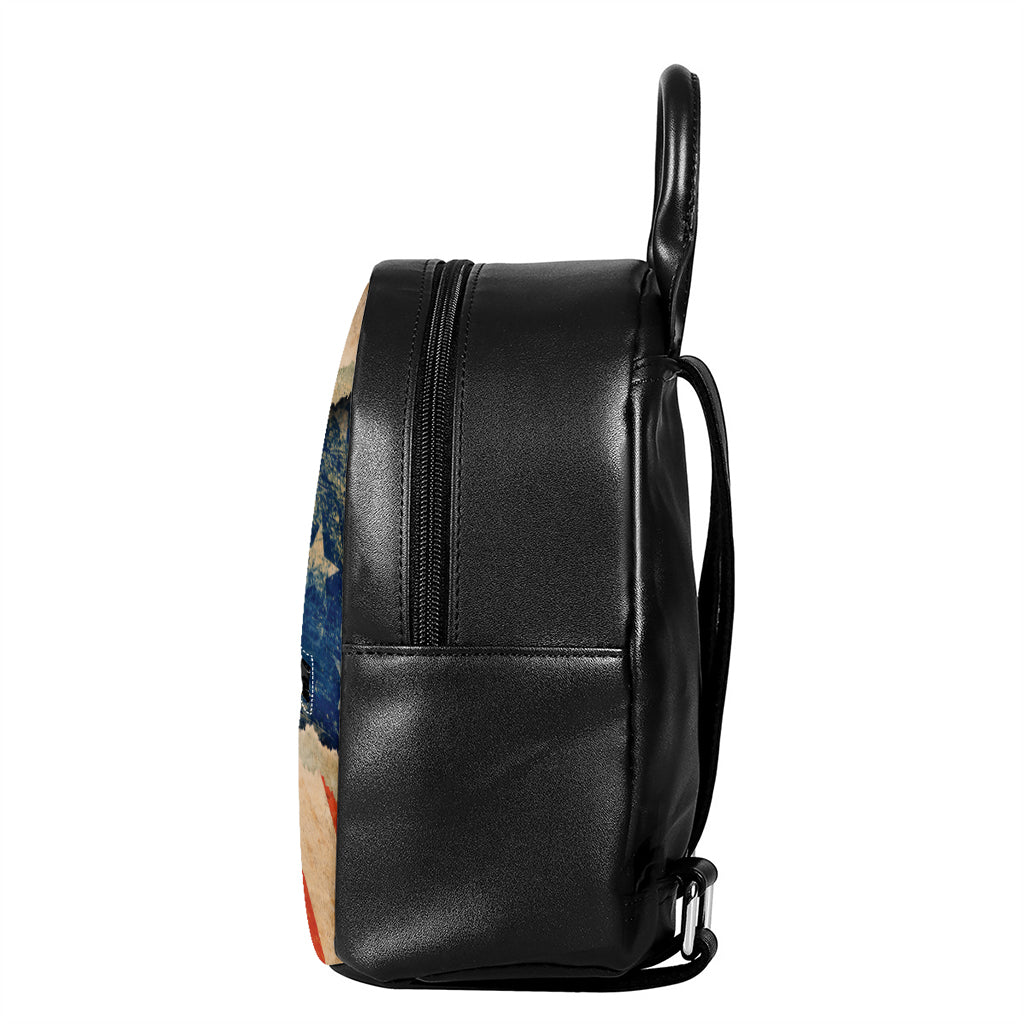 Grunge Ripped Paper American Flag Print Leather Backpack