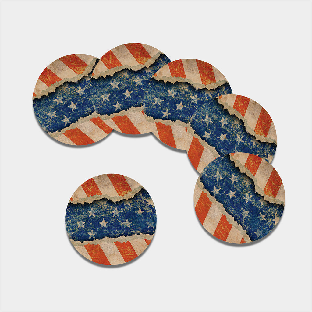 Grunge Ripped Paper American Flag Print Leather Coaster Set