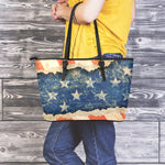 Grunge Ripped Paper American Flag Print Leather Tote Bag