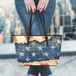 Grunge Ripped Paper American Flag Print Leather Tote Bag
