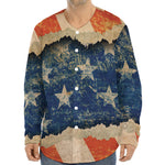 Grunge Ripped Paper American Flag Print Long Sleeve Baseball Jersey