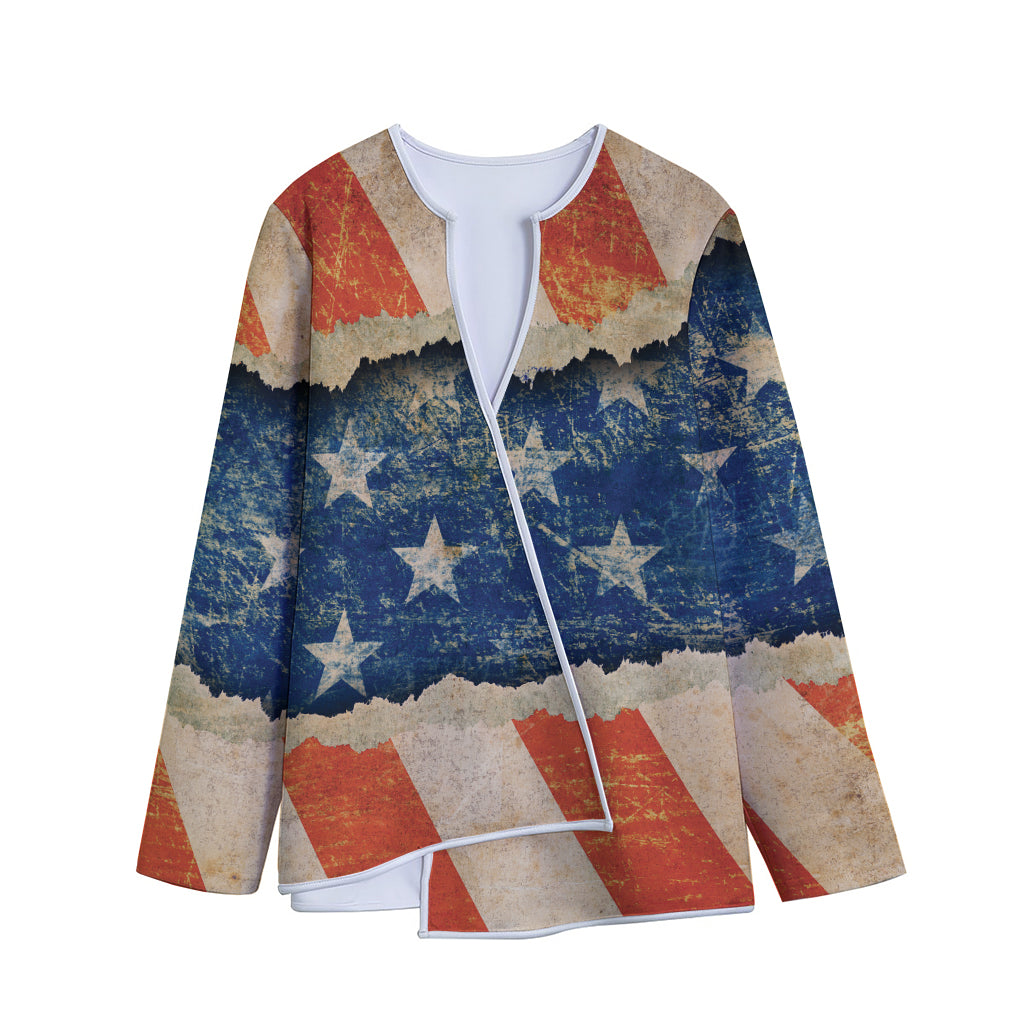 Grunge Ripped Paper American Flag Print Long Sleeve Short Coat