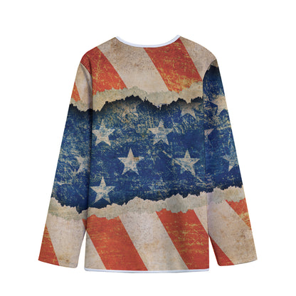 Grunge Ripped Paper American Flag Print Long Sleeve Short Coat