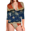 Grunge Ripped Paper American Flag Print Long Sleeve Swimsuit