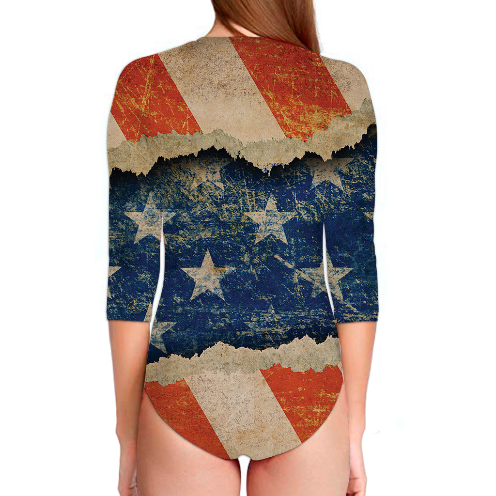 Grunge Ripped Paper American Flag Print Long Sleeve Swimsuit