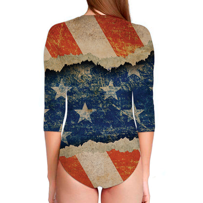 Grunge Ripped Paper American Flag Print Long Sleeve Swimsuit