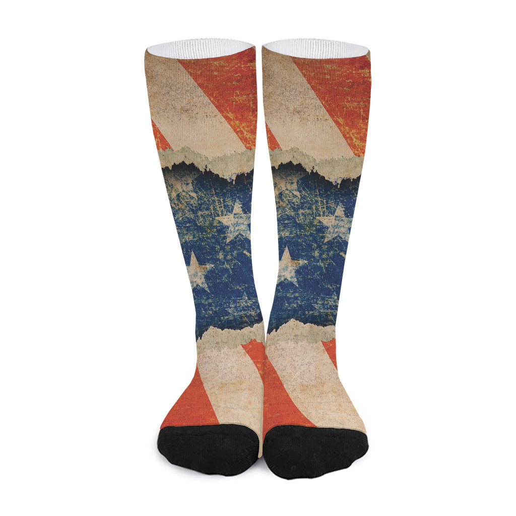 Grunge Ripped Paper American Flag Print Long Socks