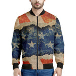 Grunge Ripped Paper American Flag Print Men's Bomber Jacket