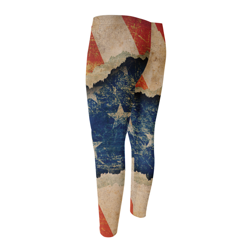 Grunge Ripped Paper American Flag Print Men's Compression Pants