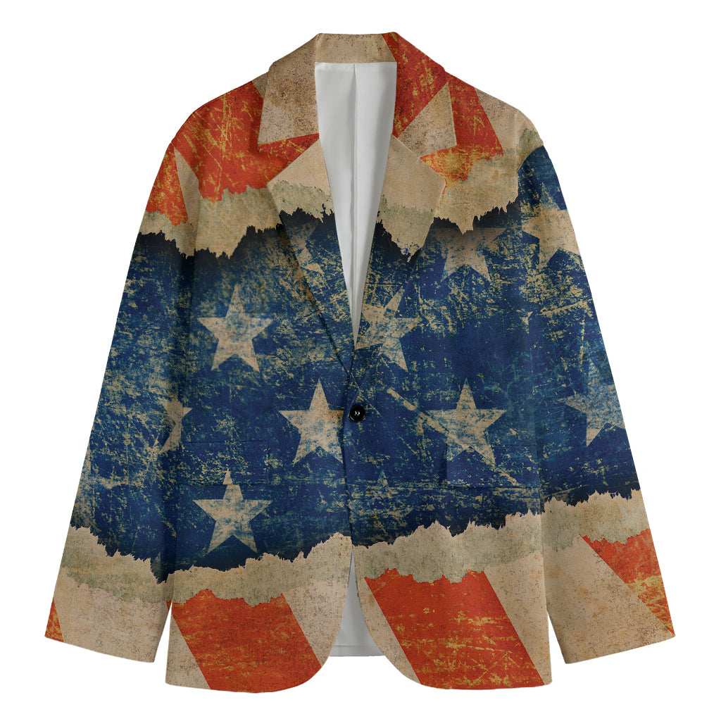 Grunge Ripped Paper American Flag Print Men's Cotton Blazer