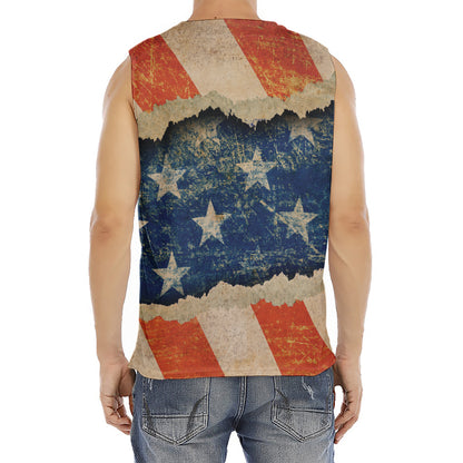 Grunge Ripped Paper American Flag Print Men's Fitness Tank Top