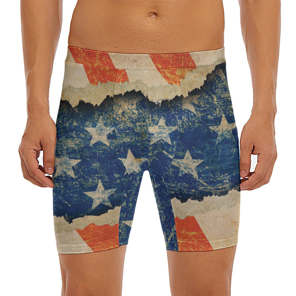 Grunge Ripped Paper American Flag Print Men's Long Boxer Briefs