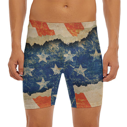 Grunge Ripped Paper American Flag Print Men's Long Boxer Briefs