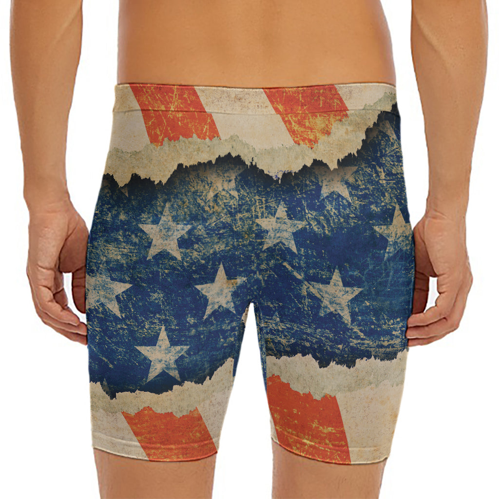 Grunge Ripped Paper American Flag Print Men's Long Boxer Briefs