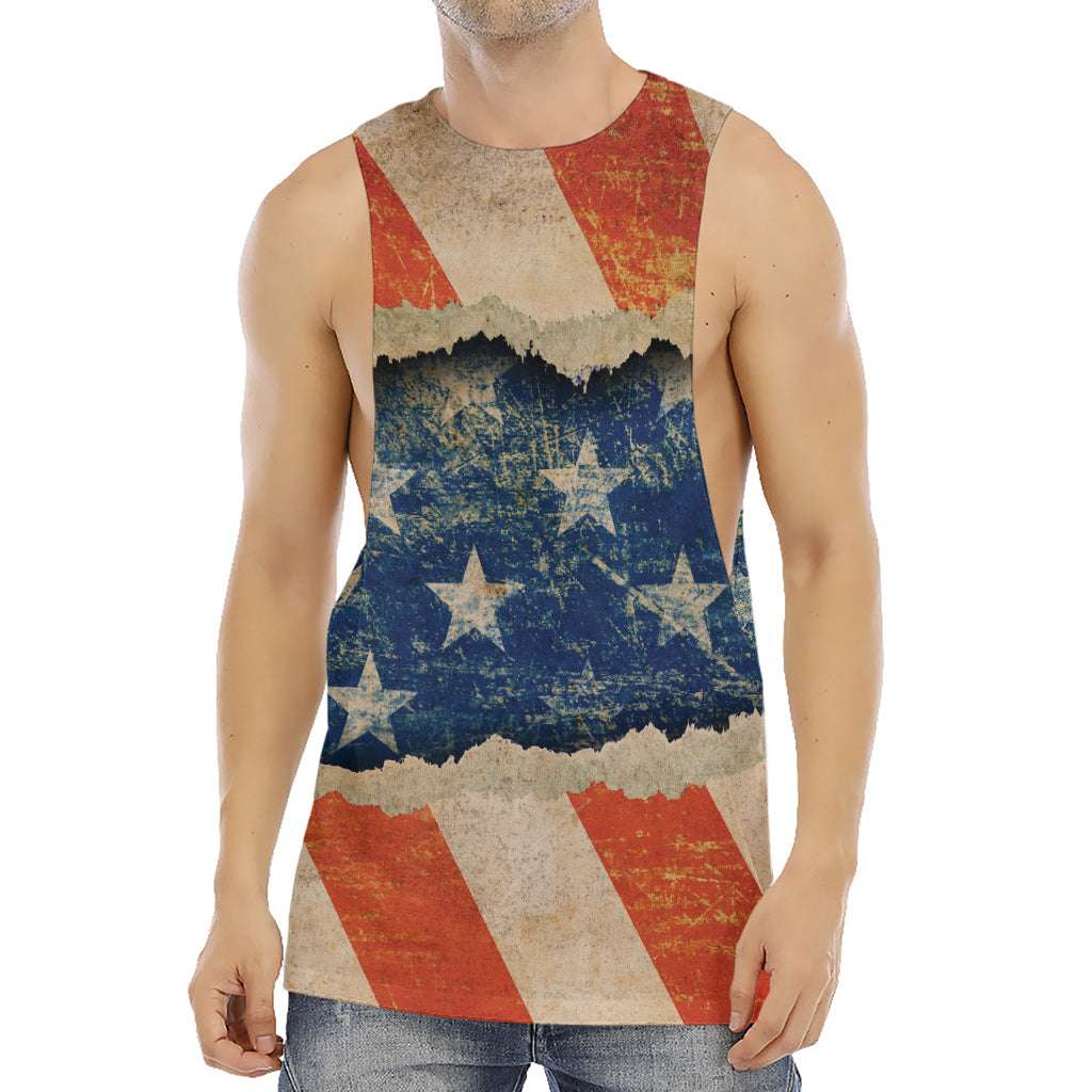 Grunge Ripped Paper American Flag Print Men's Muscle Tank Top
