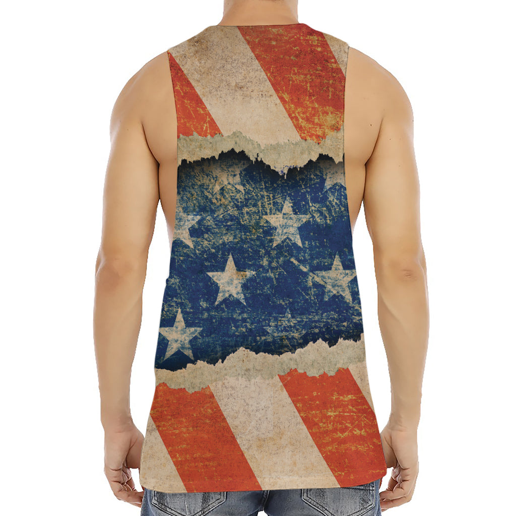 Grunge Ripped Paper American Flag Print Men's Muscle Tank Top