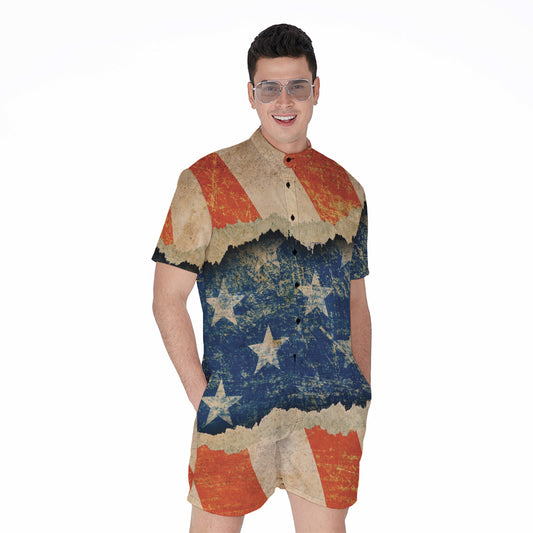 Grunge Ripped Paper American Flag Print Men's Rompers