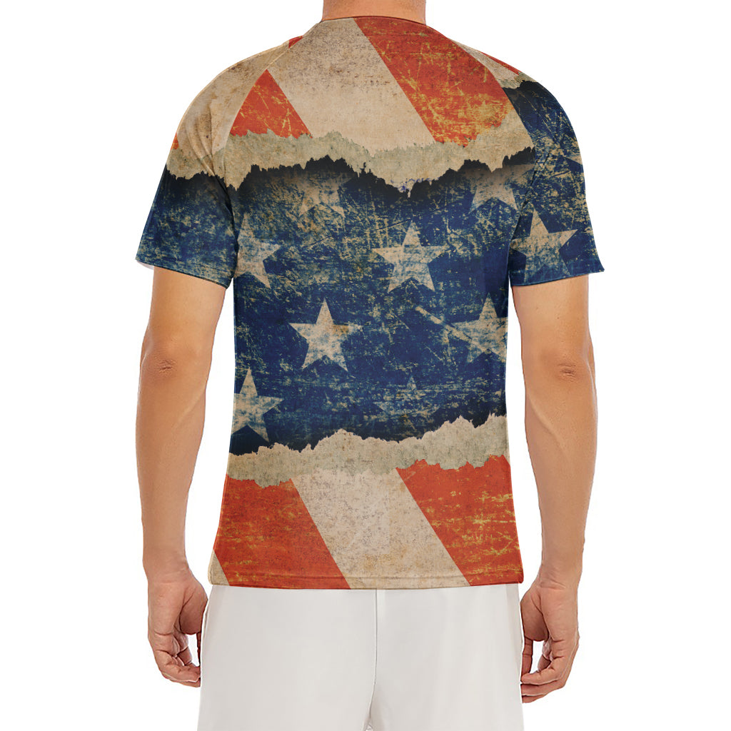 Grunge Ripped Paper American Flag Print Men's Short Sleeve Rash Guard