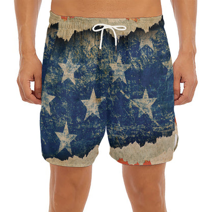 Grunge Ripped Paper American Flag Print Men's Split Running Shorts
