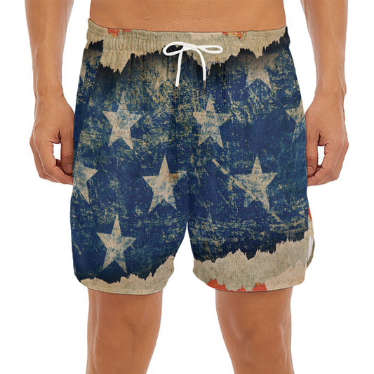 Grunge Ripped Paper American Flag Print Men's Split Running Shorts