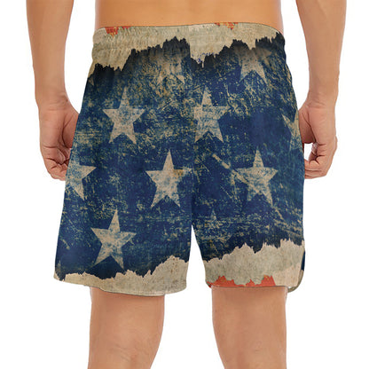 Grunge Ripped Paper American Flag Print Men's Split Running Shorts