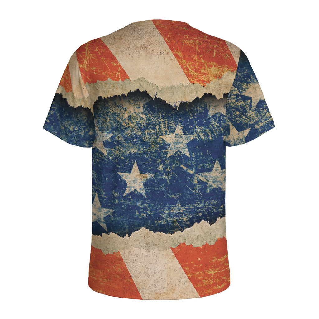 Grunge Ripped Paper American Flag Print Men's Sports T-Shirt