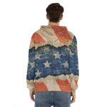 Grunge Ripped Paper American Flag Print Men's Velvet Pullover Hoodie