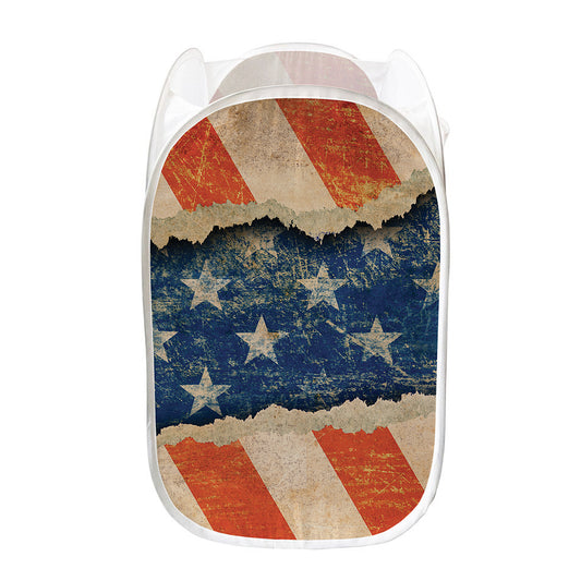 Grunge Ripped Paper American Flag Print Mesh Laundry Hamper