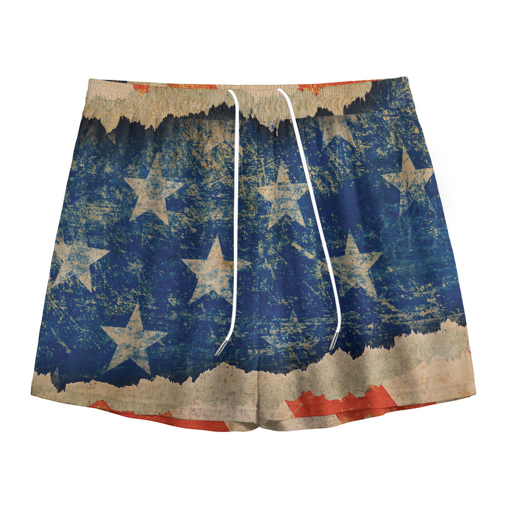 Grunge Ripped Paper American Flag Print Mesh Shorts