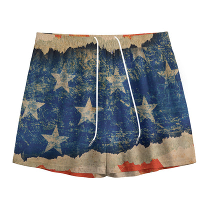 Grunge Ripped Paper American Flag Print Mesh Shorts