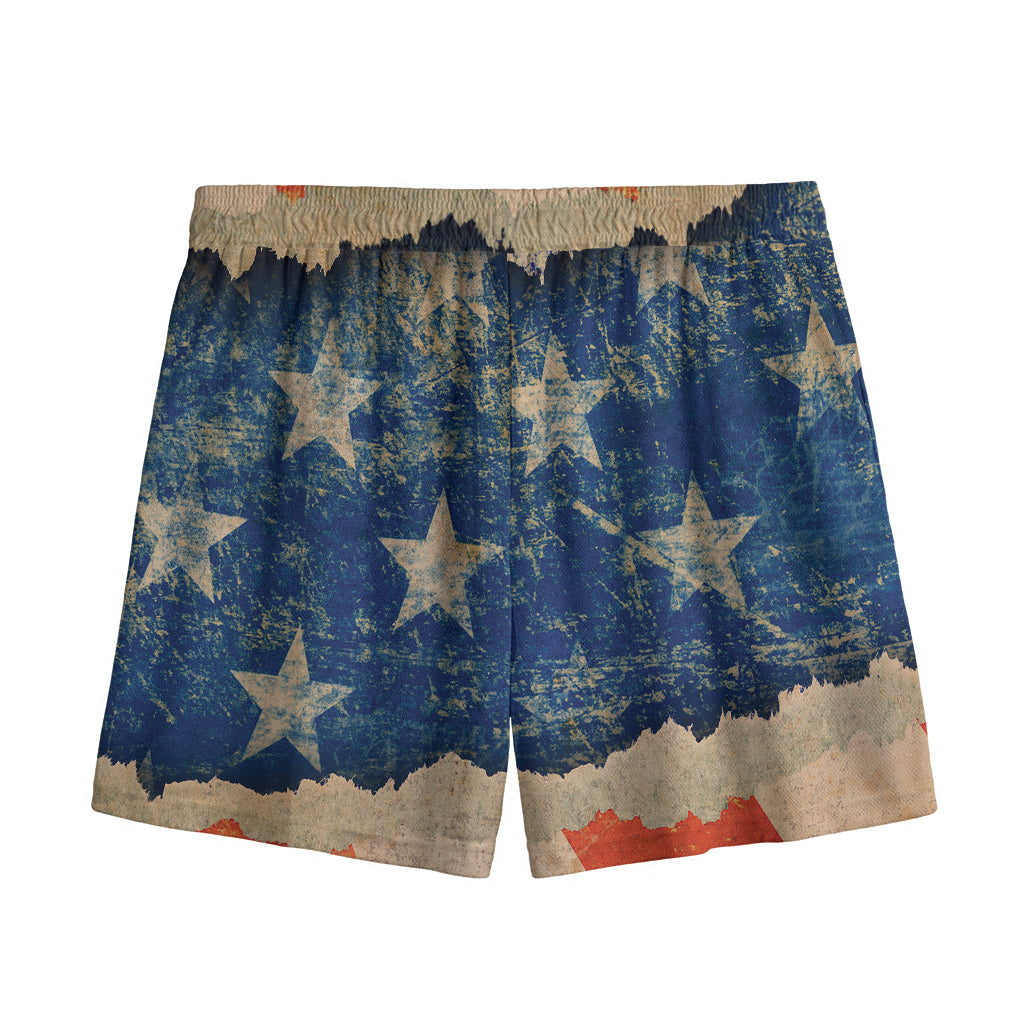 Grunge Ripped Paper American Flag Print Mesh Shorts