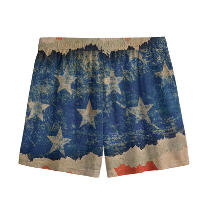 Grunge Ripped Paper American Flag Print Mesh Shorts