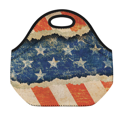 Grunge Ripped Paper American Flag Print Neoprene Lunch Bag