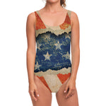 Grunge Ripped Paper American Flag Print One Piece Swimsuit
