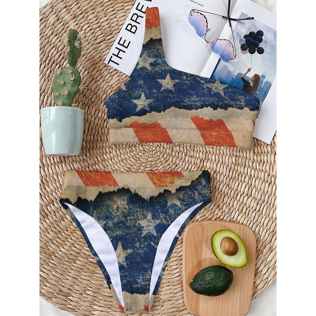 Grunge Ripped Paper American Flag Print One Shoulder Bikini Top