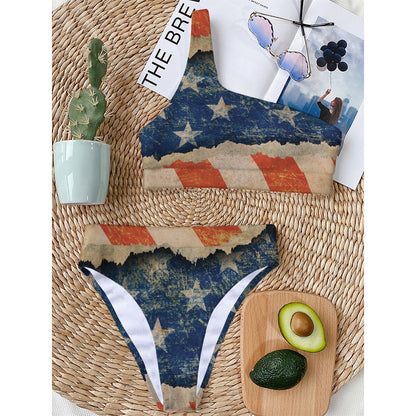 Grunge Ripped Paper American Flag Print One Shoulder Bikini Top