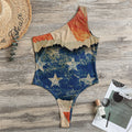 Grunge Ripped Paper American Flag Print One Shoulder Bodysuit