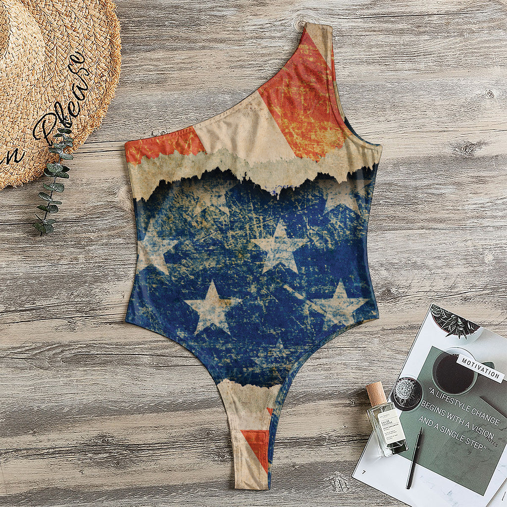 Grunge Ripped Paper American Flag Print One Shoulder Bodysuit