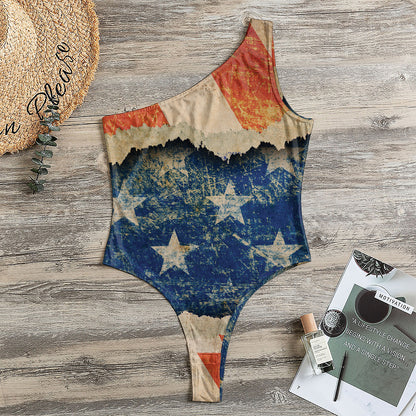 Grunge Ripped Paper American Flag Print One Shoulder Bodysuit