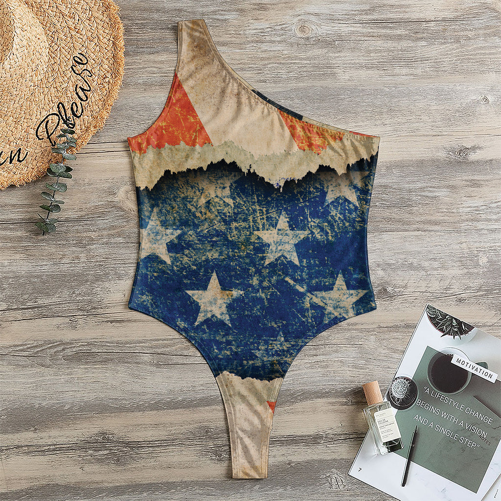 Grunge Ripped Paper American Flag Print One Shoulder Bodysuit