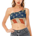 Grunge Ripped Paper American Flag Print One Shoulder Crop Top